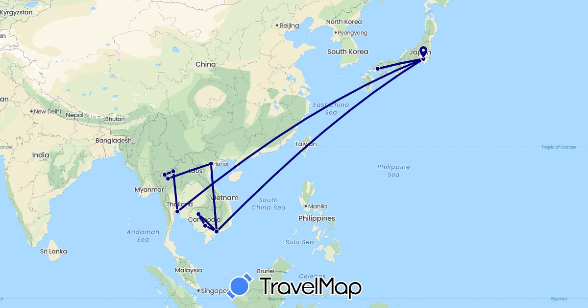 TravelMap itinerary: driving in Japan, Cambodia, Thailand, Vietnam (Asia)