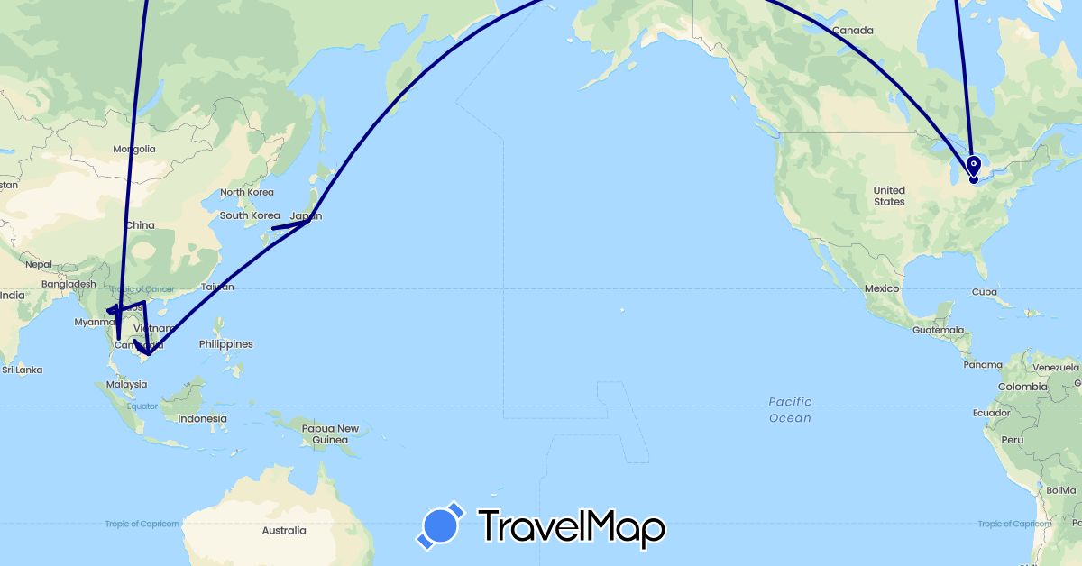 TravelMap itinerary: driving in Japan, Cambodia, Thailand, United States, Vietnam (Asia, North America)