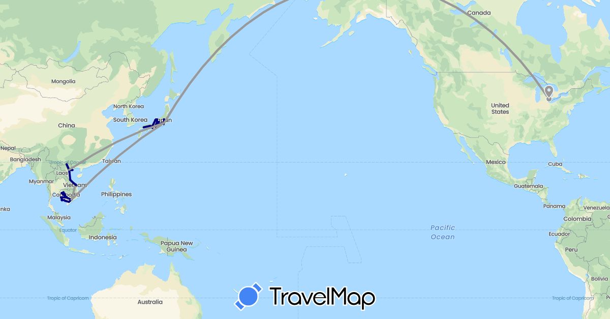 TravelMap itinerary: driving, plane in Japan, Cambodia, United States, Vietnam (Asia, North America)
